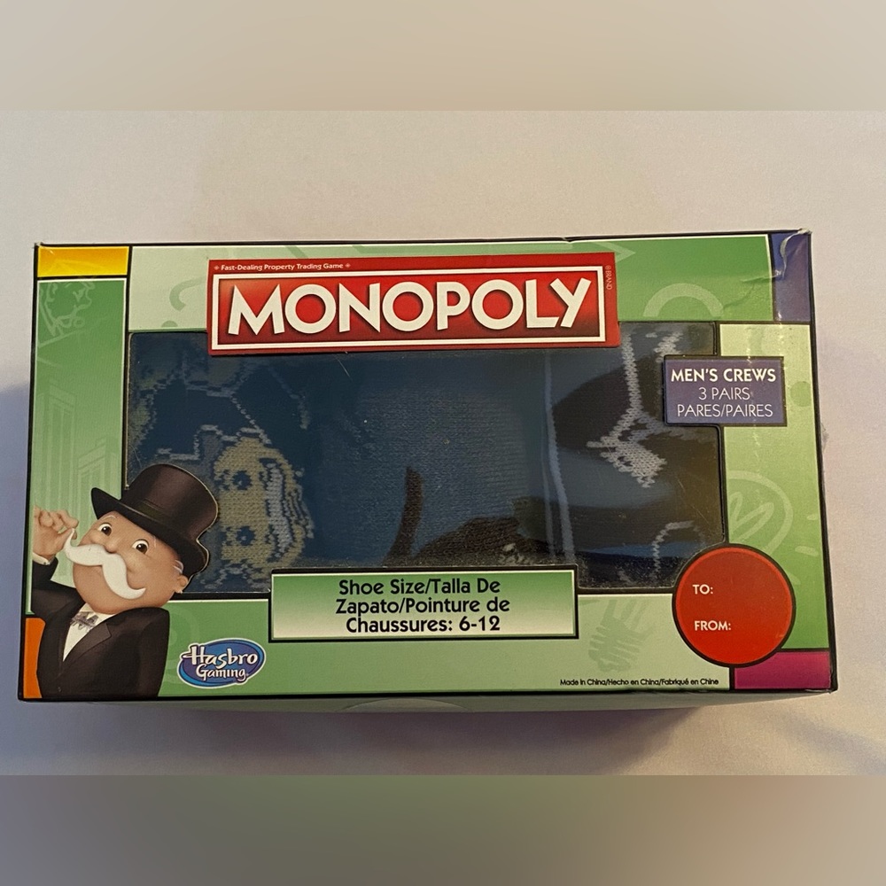 MONOPOLY Board Game Novelty Men’s Socks - 3 pair in gift box set Size 6-12  NIB
